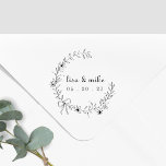 Floral and Bow Wreath Custom Couple Names Wedding Rubber Stamp<br><div class="desc">Custom-designed wedding logo/Save the Date rubber stamp featuring elegant hand-drawn floral wreath with custom bride and groom names and wedding date.</div>
