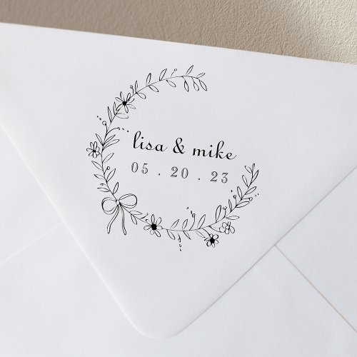 Floral and Bow Wreath Custom Couple Names Wedding Rubber Stamp