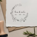 Floral and Bow Wreath Custom Couple Names Wedding Rubber Stamp<br><div class="desc">Custom-designed wedding logo/Save the Date rubber stamp featuring elegant hand-drawn floral wreath with custom bride and groom names and wedding date.</div>