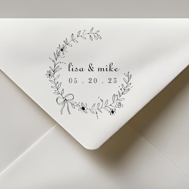 Floral and Bow Wreath Custom Couple Names Wedding Rubber Stamp (Creator Uploaded)