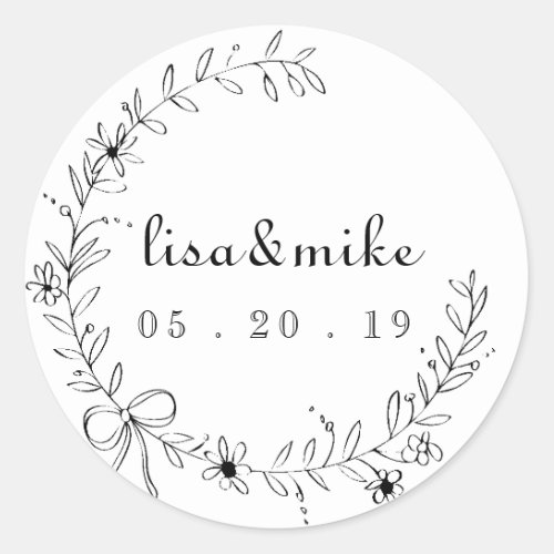 Floral and Bow Wreath Wedding Classic Round Sticker