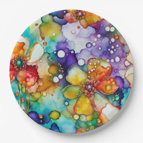 Floral and Bubbles Abstract Paper Plates