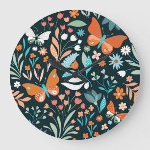 Floral and butterflies, decorative seamless patter large clock