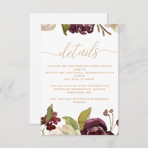 Floral and Calligraphy Wedding Guest Detail Enclosure Card