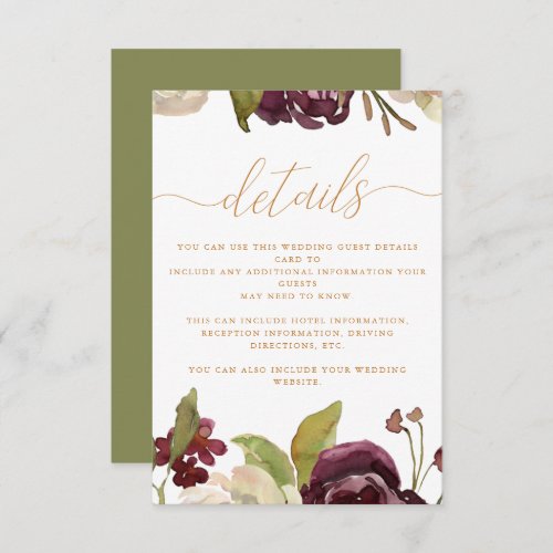 Floral and Calligraphy Wedding Guest Detail Enclosure Card