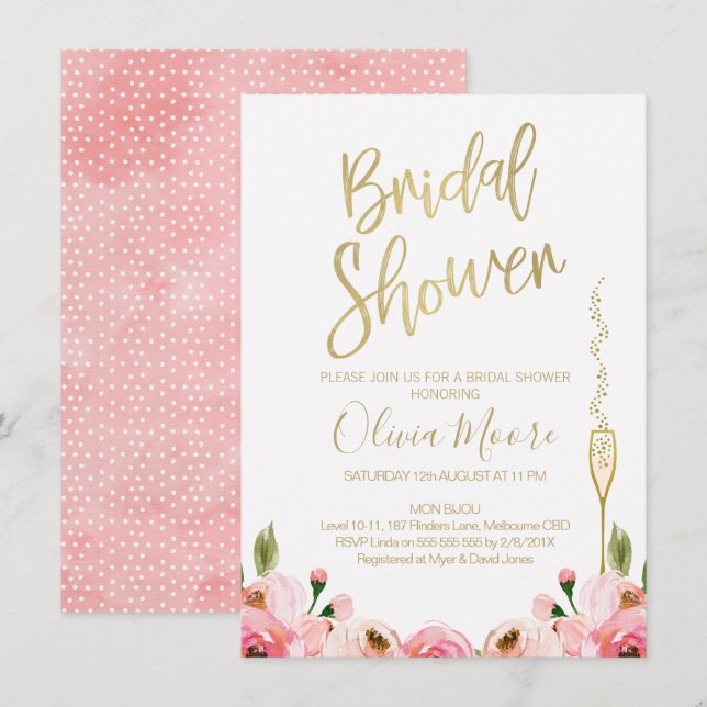 Floral and champagne bridal shower invitation (Front/Back)
