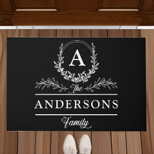 Floral and Classy Personalized Family Name Black Doormat