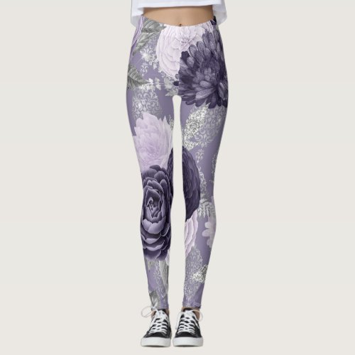 Floral and Damask Design in Dusty Purple Lilac Leggings
