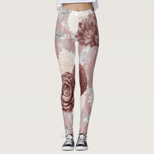 Floral and Damask Design in Dusty Rose Muted Pink Leggings
