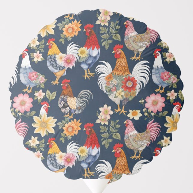 Floral And Denim Patchwork Collage Farm Chickens Balloon (Front)