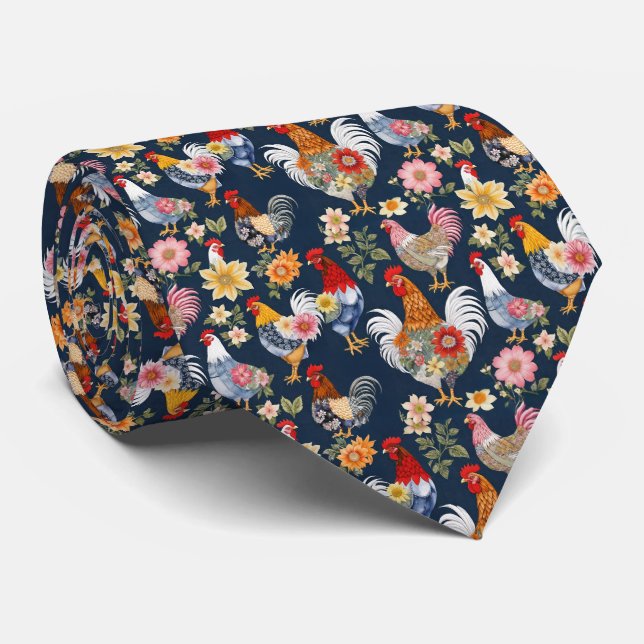 Floral And Denim Patchwork Collage Farm Chickens Neck Tie (Rolled)