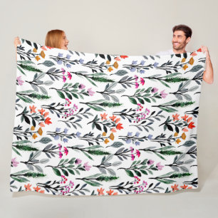 Floral and foliage artwork trendy watercolor white fleece blanket