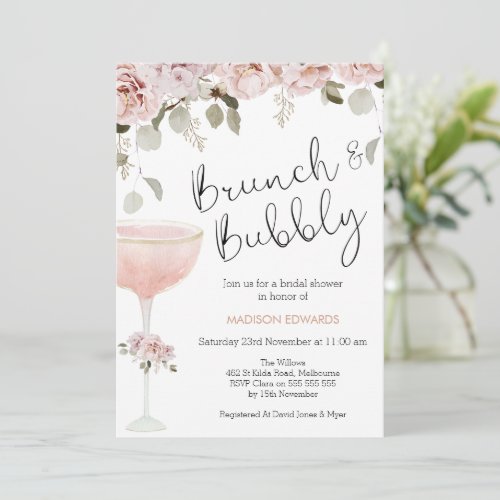 Floral and Glass Brunch Bubbly Bridal Shower Invitation