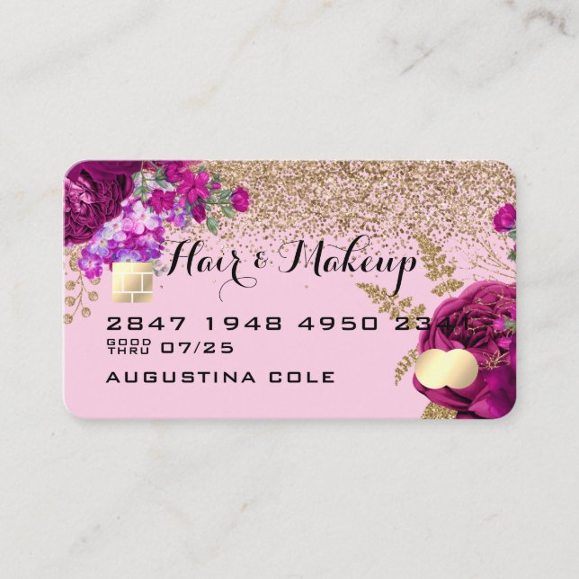 Floral And Glitter Credit Card Style Business Card (Front)