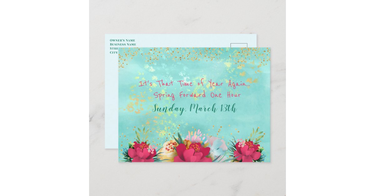 Floral and Glitter Spring Forward Reminder Postcard | Zazzle