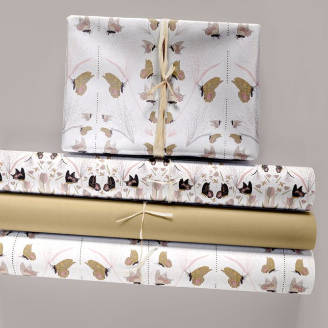 Floral And Gold Butterflies Decoupage Wrapping Paper Sheets (Elegant Gold Black Butterflies Bees Pink Tulips Wrapping Paper Sheets. Jenn Steffen-Studio Posies)