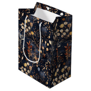Floral and Gold Colored Leaves Medium Gift Bag