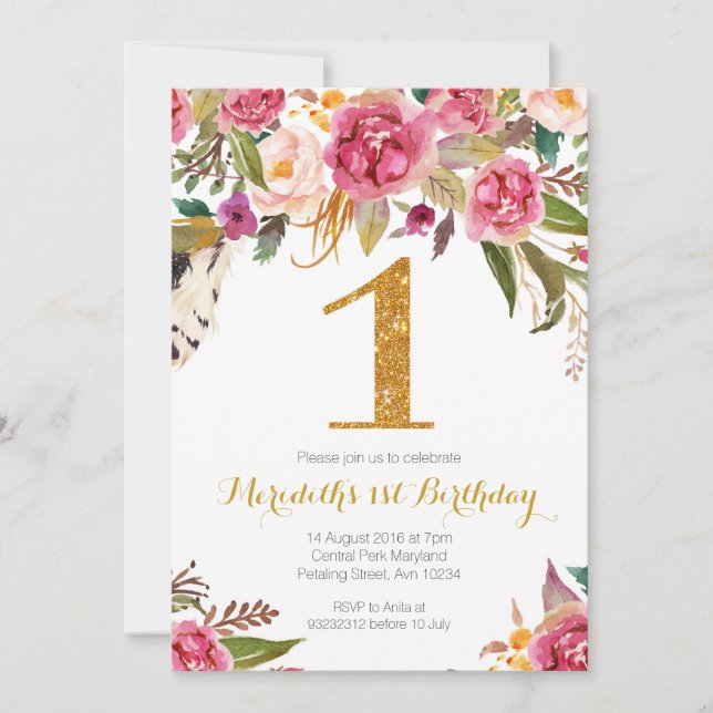 Floral and Gold First Birthday Invitation (Front)