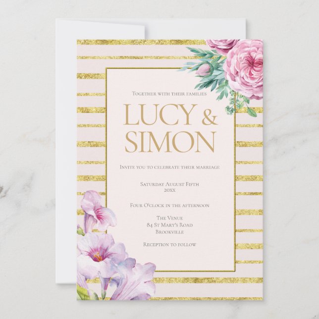 Floral and Gold Glitter Stripes Wedding Invitation (Front)