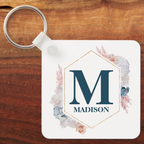Floral and Gold Monogram  Keychain