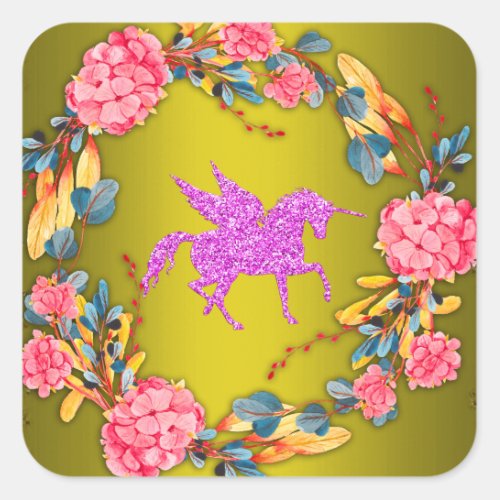 Floral and Gold Purple Unicorn Square Sticker