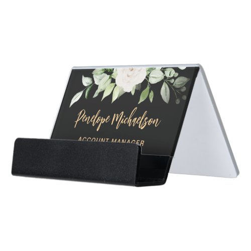 Floral and Greenery Gold Script Black Desk Business Card Holder
