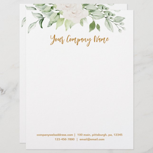 Floral and Greenery Gold Script Letterhead (Front/Back)