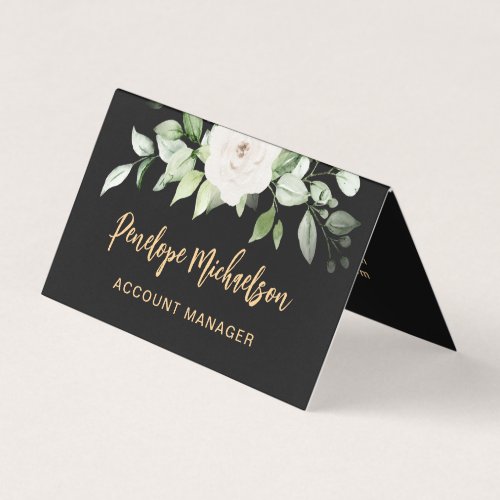 Floral and Greenery Gold Script with QR Code Black Business Card