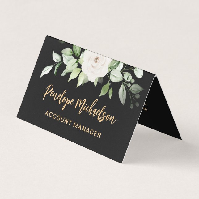 Floral and Greenery Gold Script with QR Code Black Business Card (Front)