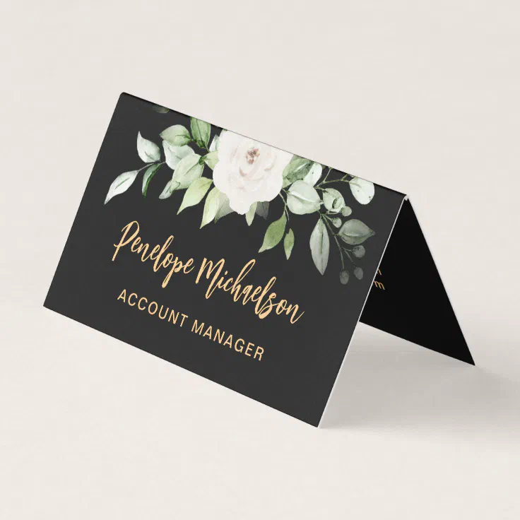 Floral and Greenery Gold Script with QR Code Black Business Card