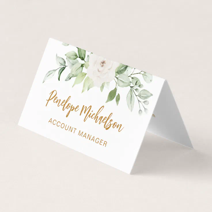 Floral and Greenery Gold Script with QR Code White Business Card