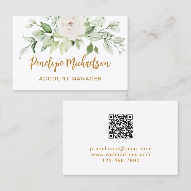 Floral and Greenery Gold Script with QR Code White Business Card (Front/Back)