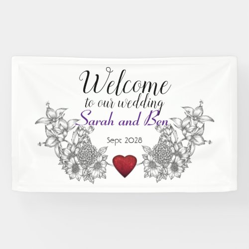 Floral and heart wedding welcome  banner