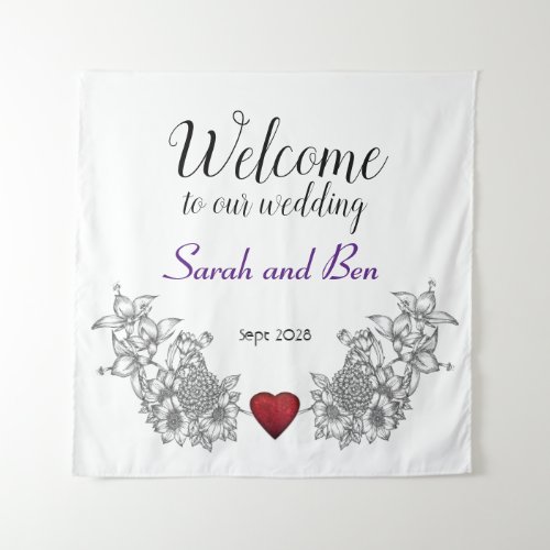 Floral and heart wedding welcome tapestry