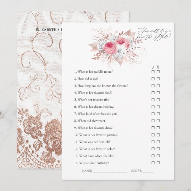 Floral and Lace Bridal Shower Game Invitation (Front/Back)