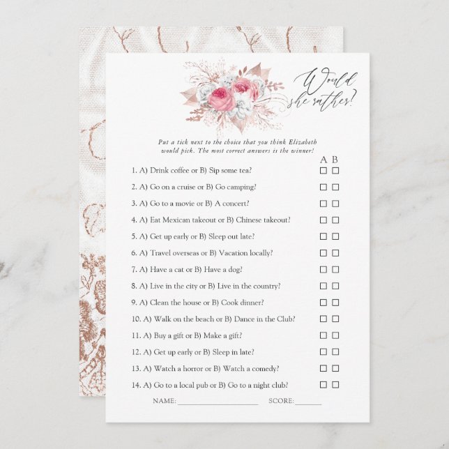 Floral and Lace Bridal Shower Game Invitation (Front/Back)