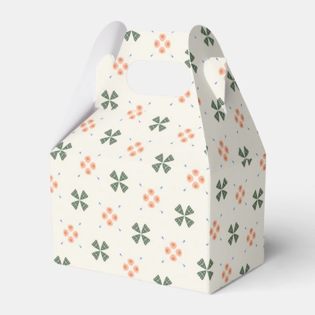 Floral and leafy geometric tile pattern on cream favor boxes (Front Side)