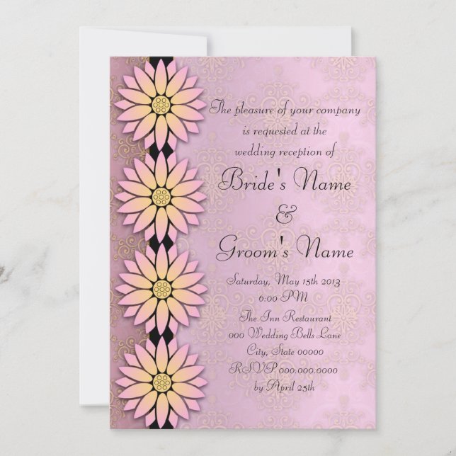Floral and Peachy Pink Damask Wedding Reception Invitation (Front)