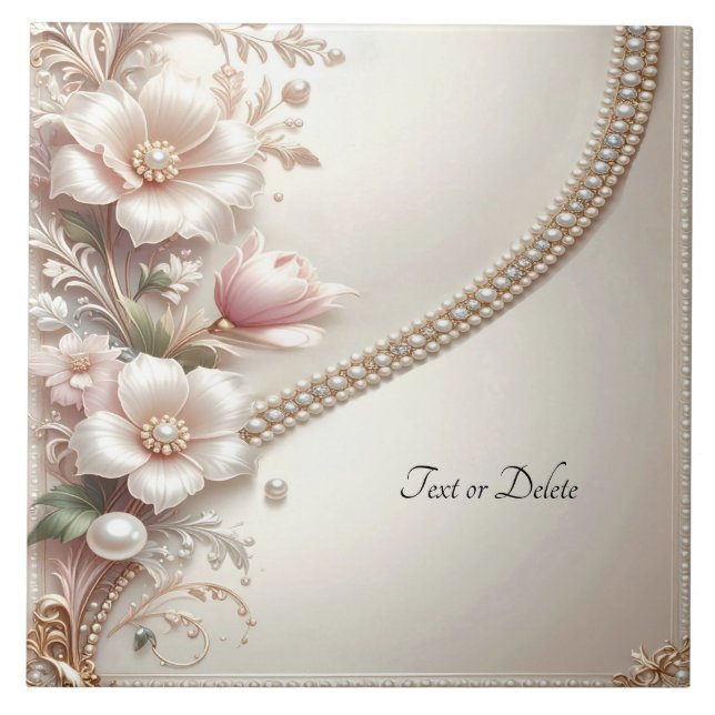 Floral and Pearl Embellishments Ceramic Tile (Front)