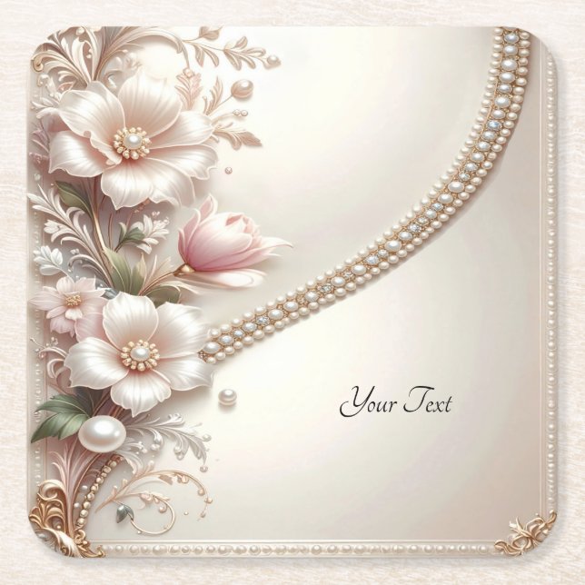 Floral and Pearl Embellishments Paper Coaster (Front)