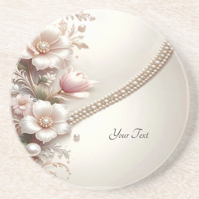 Floral and Pearl Embellishments Sandstone Coaster (Front)
