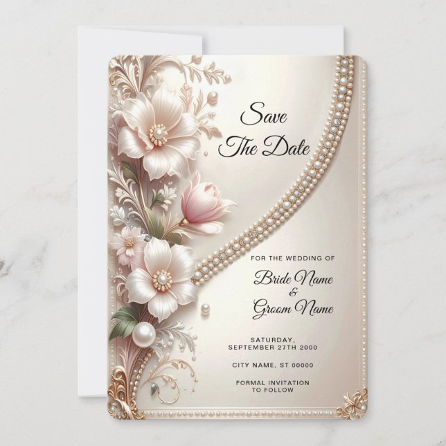 Floral and Pearl Embellishments Save The Date (Front)