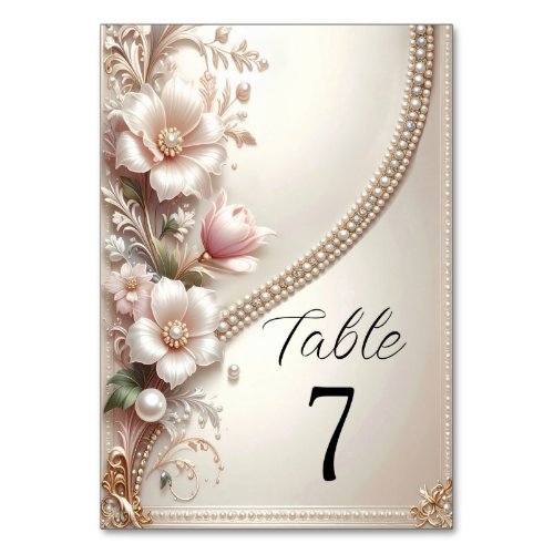 Floral and Pearl Embellishments Table Number