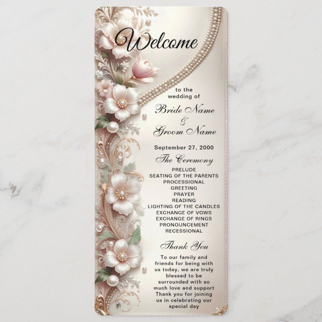 Floral and Pearl Embellishments Wedding Program (Front)