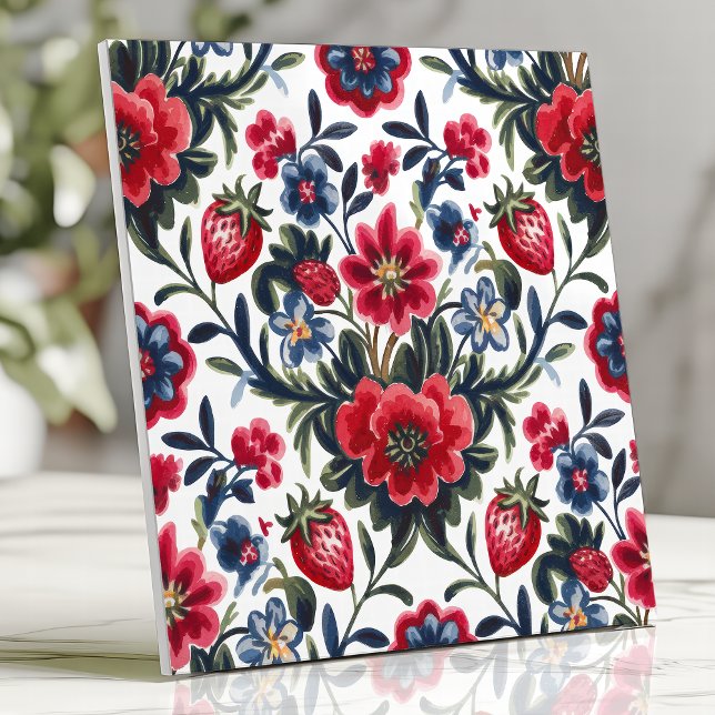 Floral and Strawberry Folk Art Pattern Ceramic Tile (Creator Uploaded)