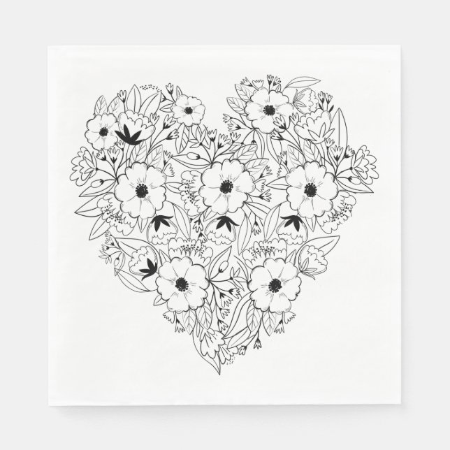 Floral Anemone Black & WHite Heart Flower Wedding Napkins (Front)