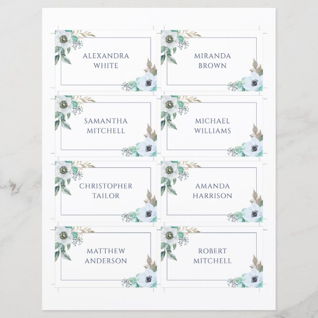 Floral Anemone Elegant Wedding Name Place Card (Front)