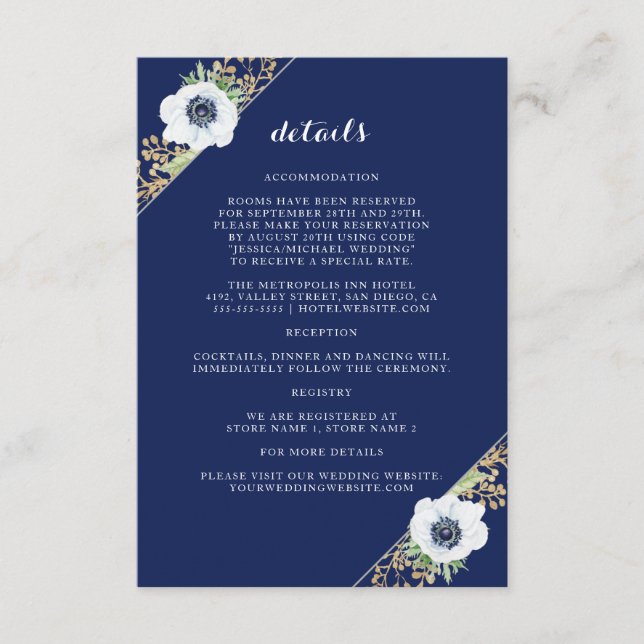 Floral Anemone Navy Blue Monogram Wedding Details Enclosure Card (Front)