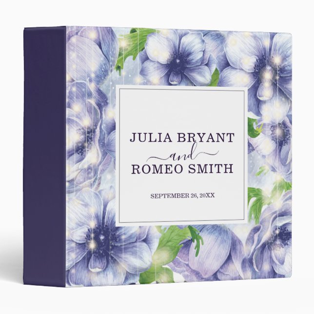 Floral Anemone Purple Personalized Wedding 3 Ring Binder (Front/Spine)