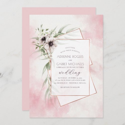  Floral Anemone Watercolor Wash Pink Wedding Invitation